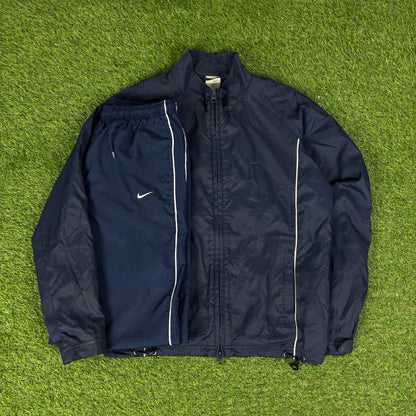 00s Nike Piping Windbreaker Jacket + Joggers Set Blue Small
