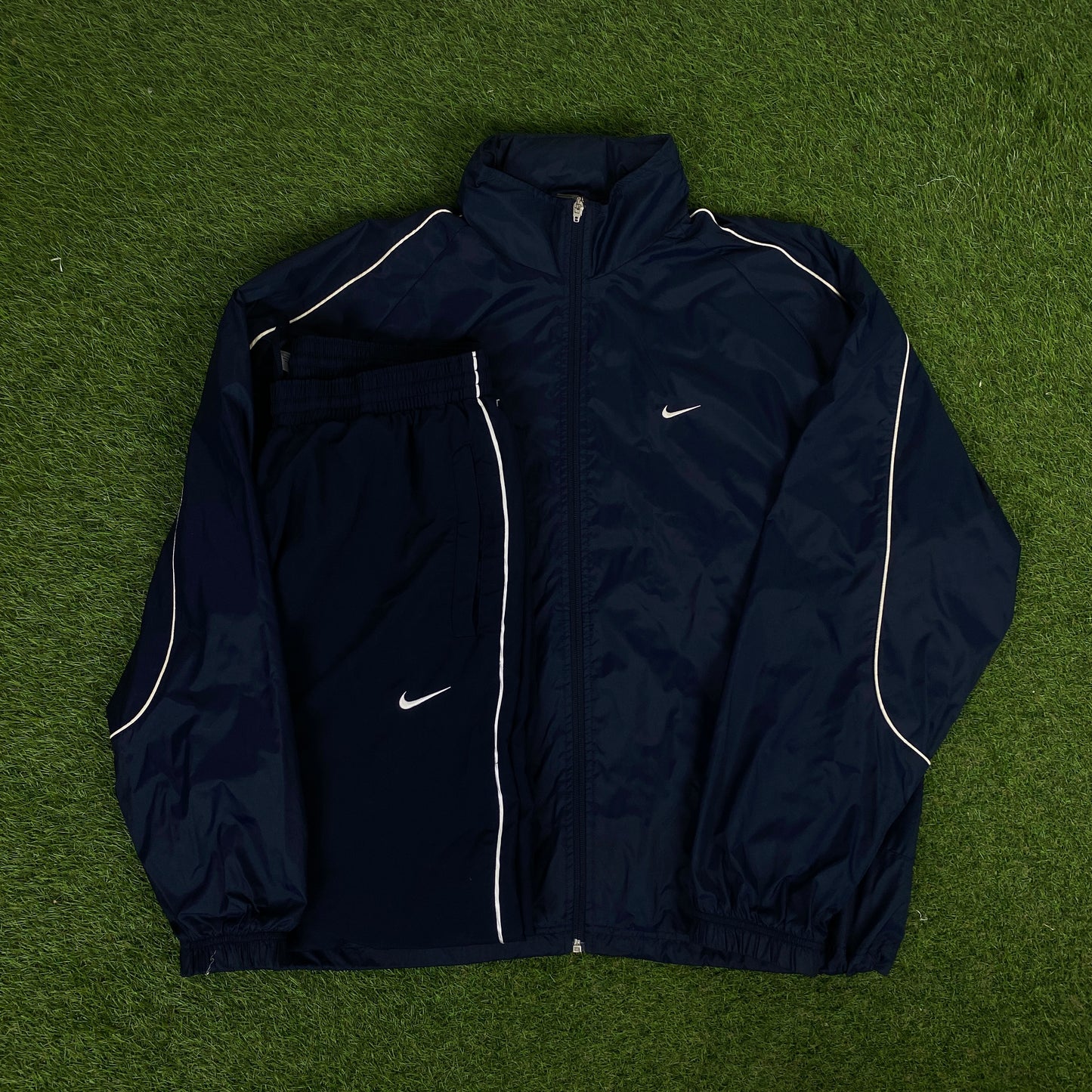 00s Nike Piping Windbreaker Tracksuit Set Jacket + Joggers Blue XL