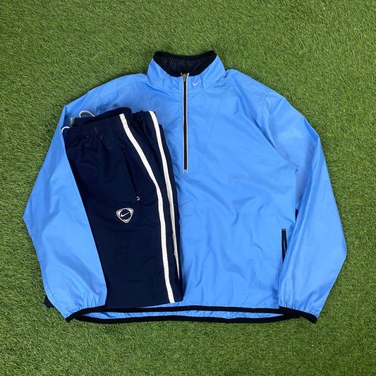 00s Nike Piping Windbreaker Tracksuit Set Jacket + Joggers Blue XL