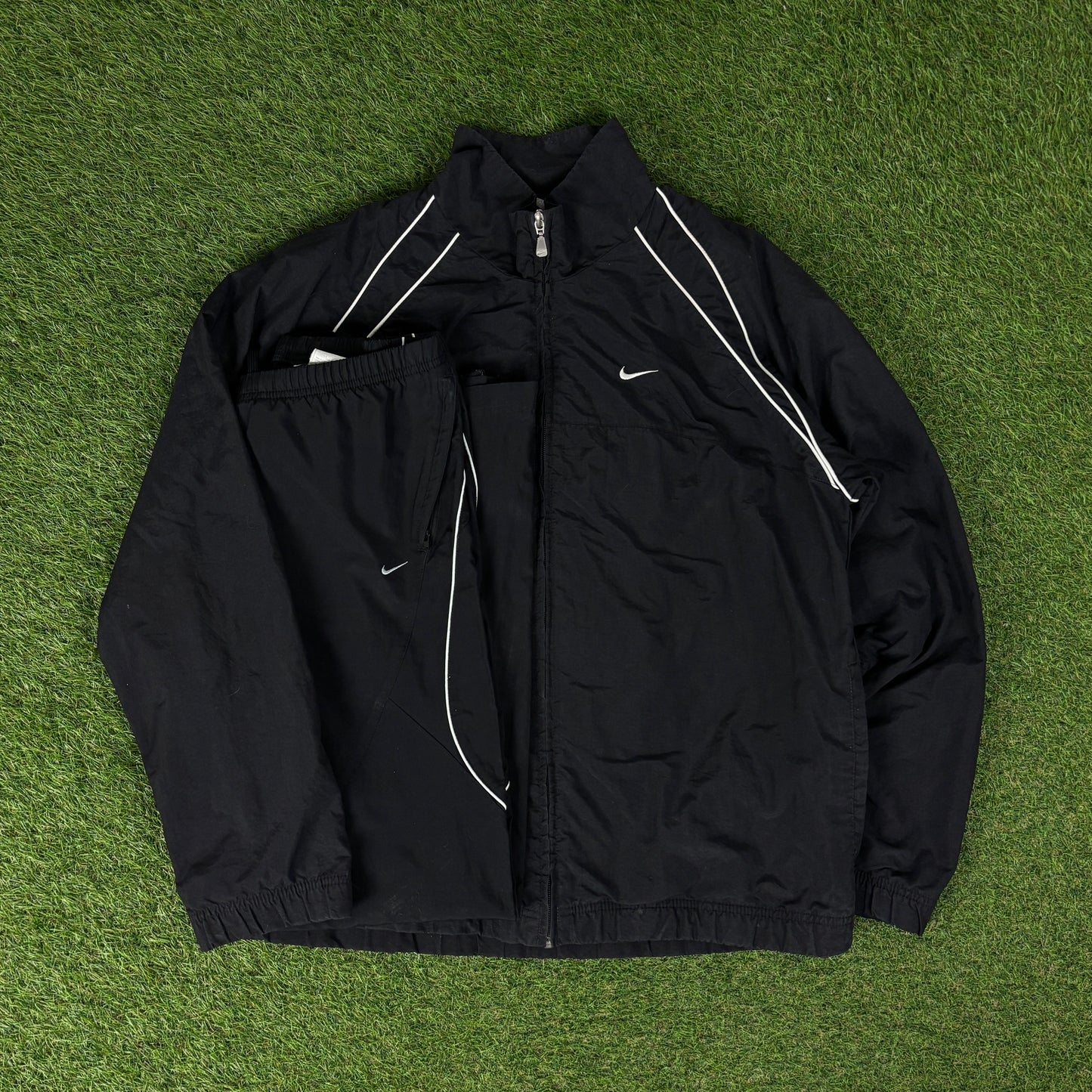 00s Nike Piping Windbreaker Jacket + Joggers Set Black Medium