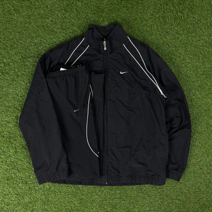 00s Nike Piping Windbreaker Jacket + Joggers Set Black Medium
