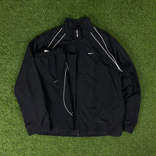 00s Nike Piping Windbreaker Jacket + Joggers Set Black Medium