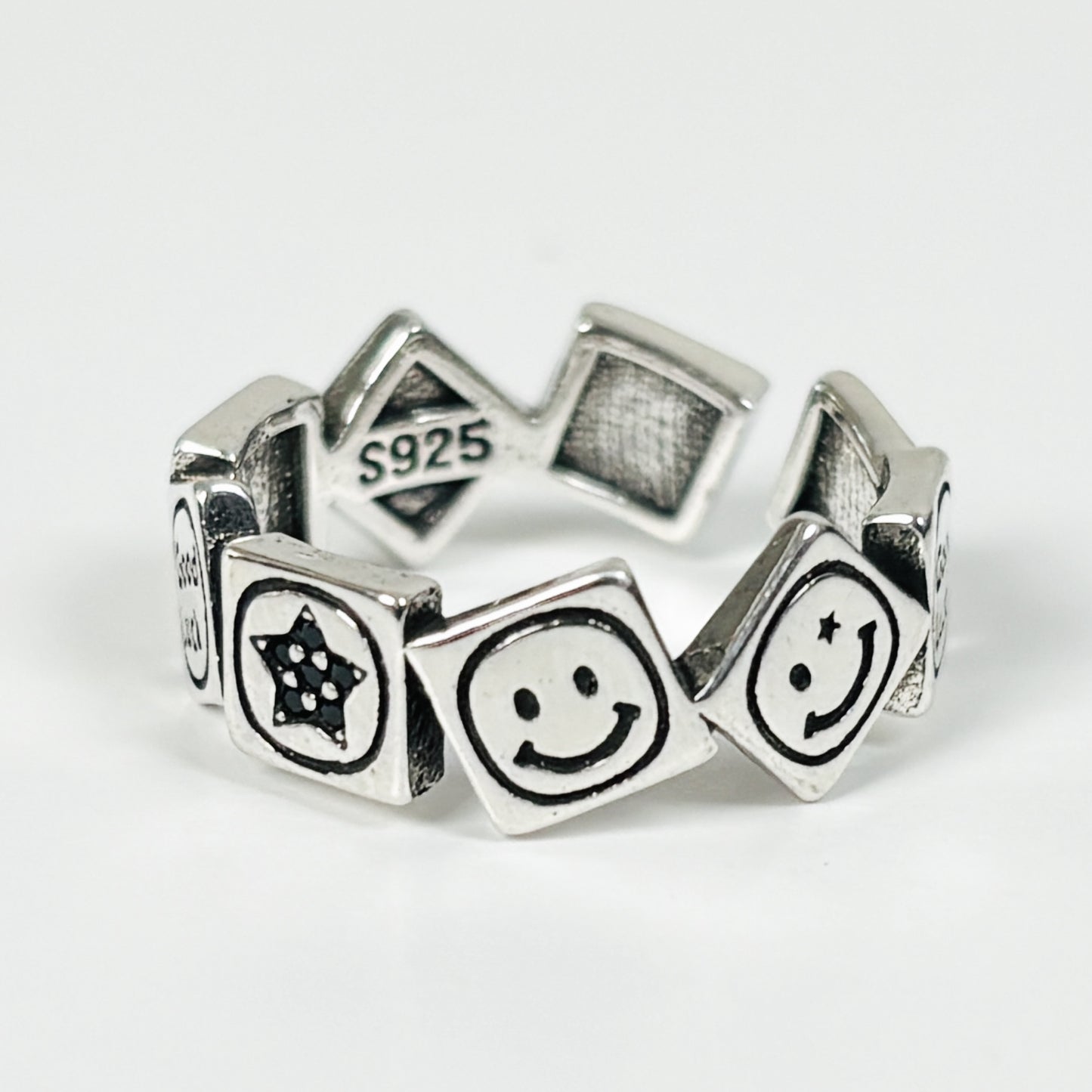 Adjustable Smiley Face Ring Vintage Silver