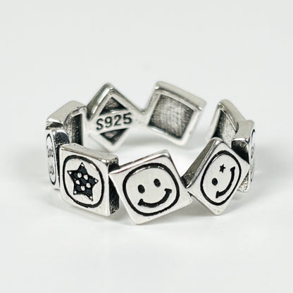 Adjustable Smiley Face Ring Vintage Silver