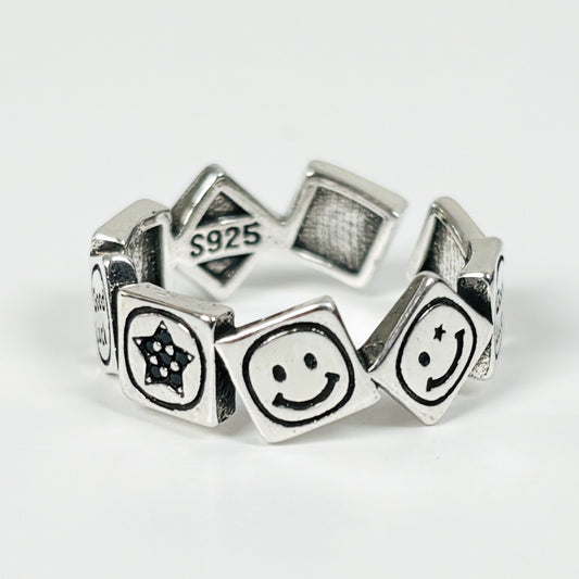 Adjustable Smiley Face Ring Vintage Silver