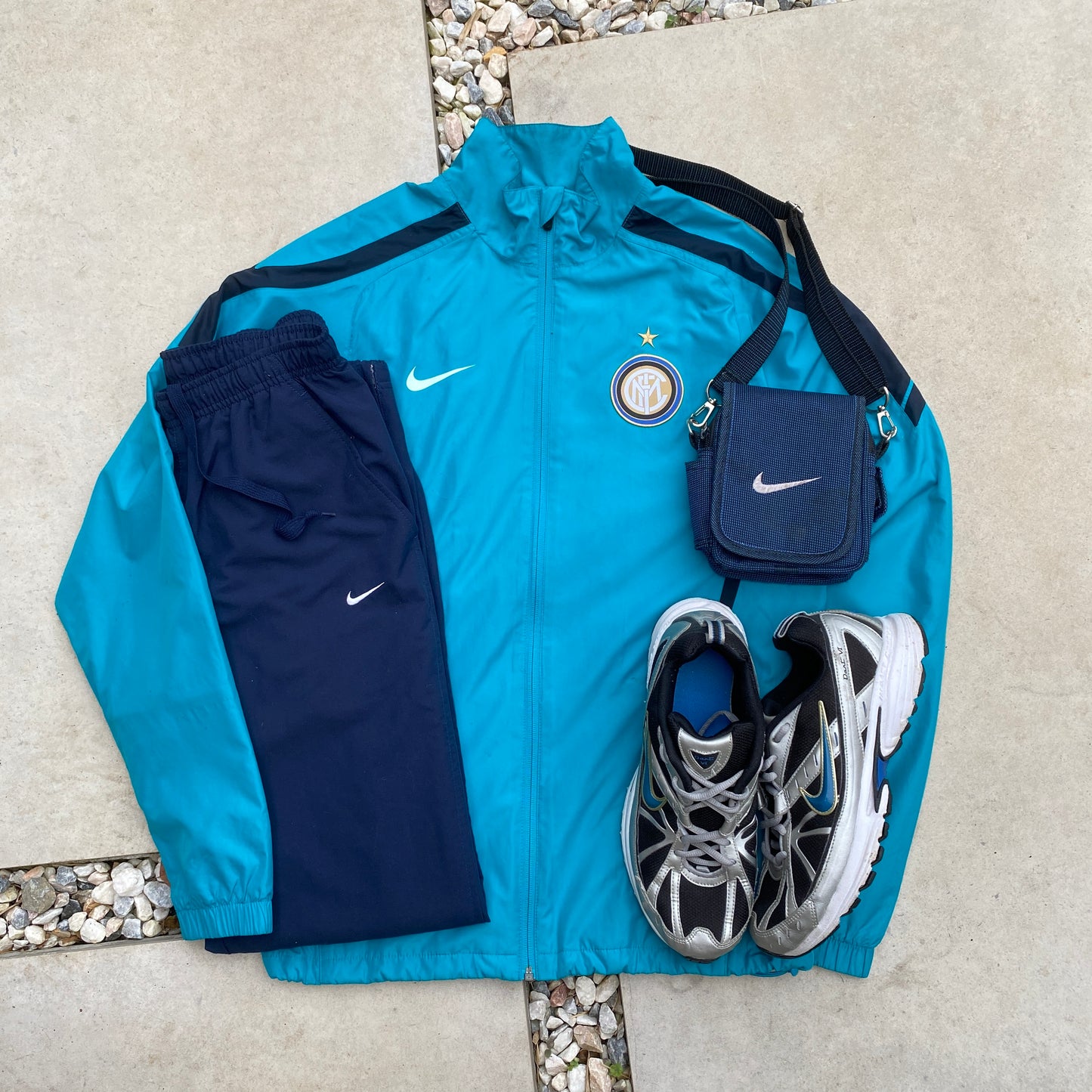 00s Nike Inter Milan Piping Windbreaker Jacket + Joggers Set Blue Small