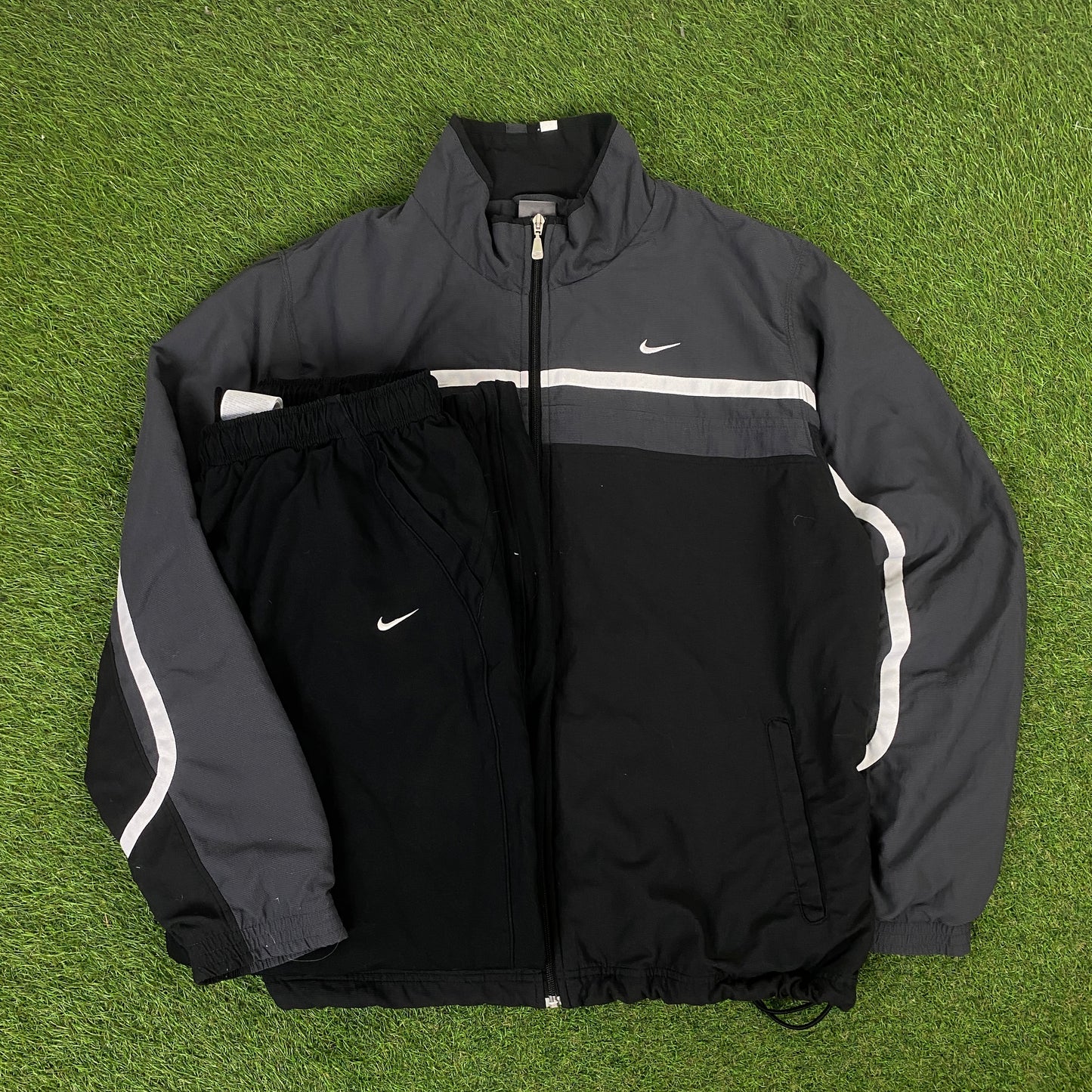 00s Nike Piping Windbreaker Tracksuit Set Jacket + Joggers Black XL