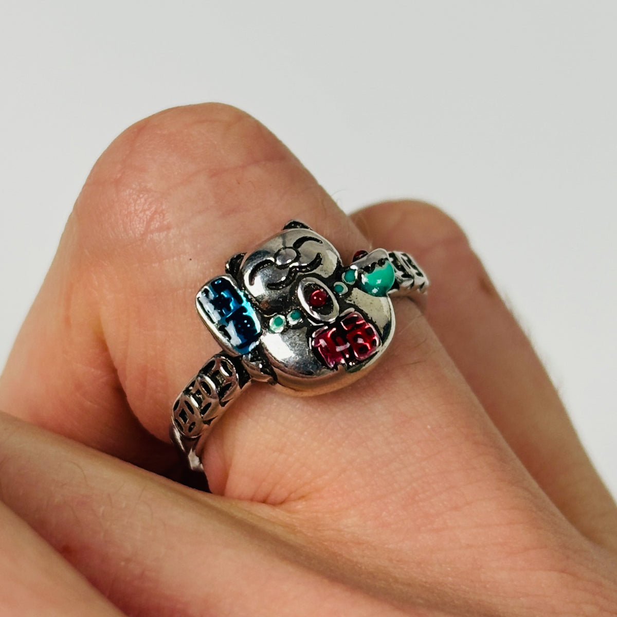Lucky Cat Band Ring Adjustable Silver