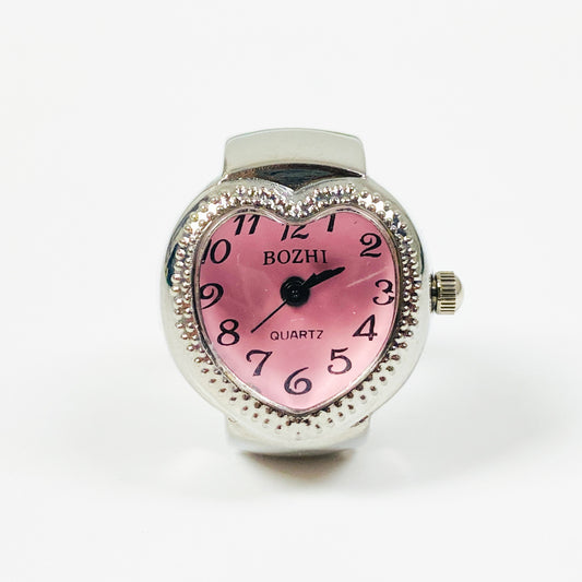 Retro Adjustable Heart Watch Ring Silver Pink