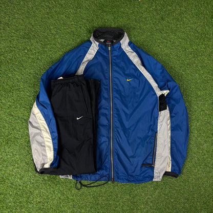 00s Nike Piping Waterproof Windbreaker Tracksuit Set Jacket + Joggers Blue XL