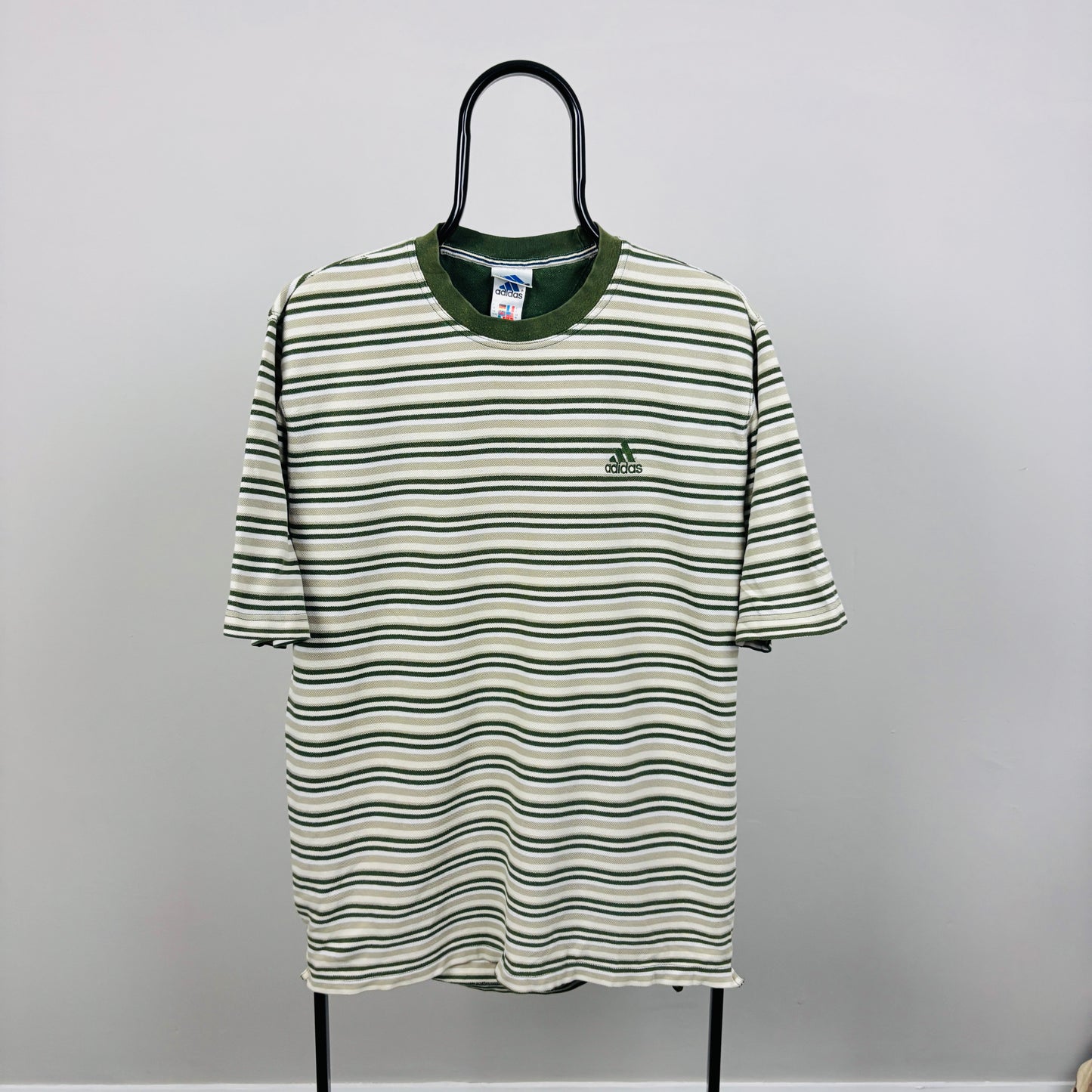 90s Adidas Striped T-Shirt Green Medium