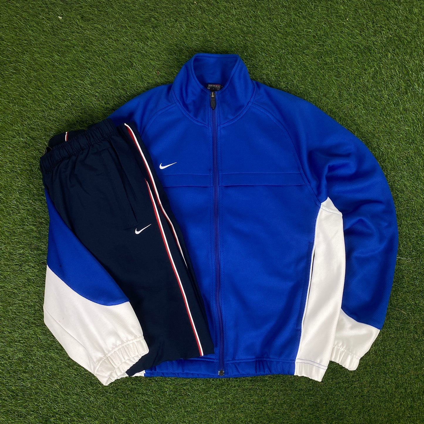 00s Nike Piping Windbreaker Jacket + Joggers Set Blue Small