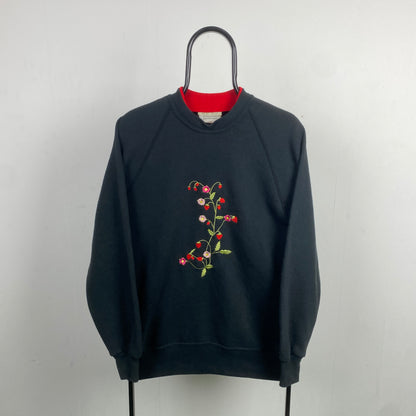 Retro Jerzees Flower Sweatshirt Black Large