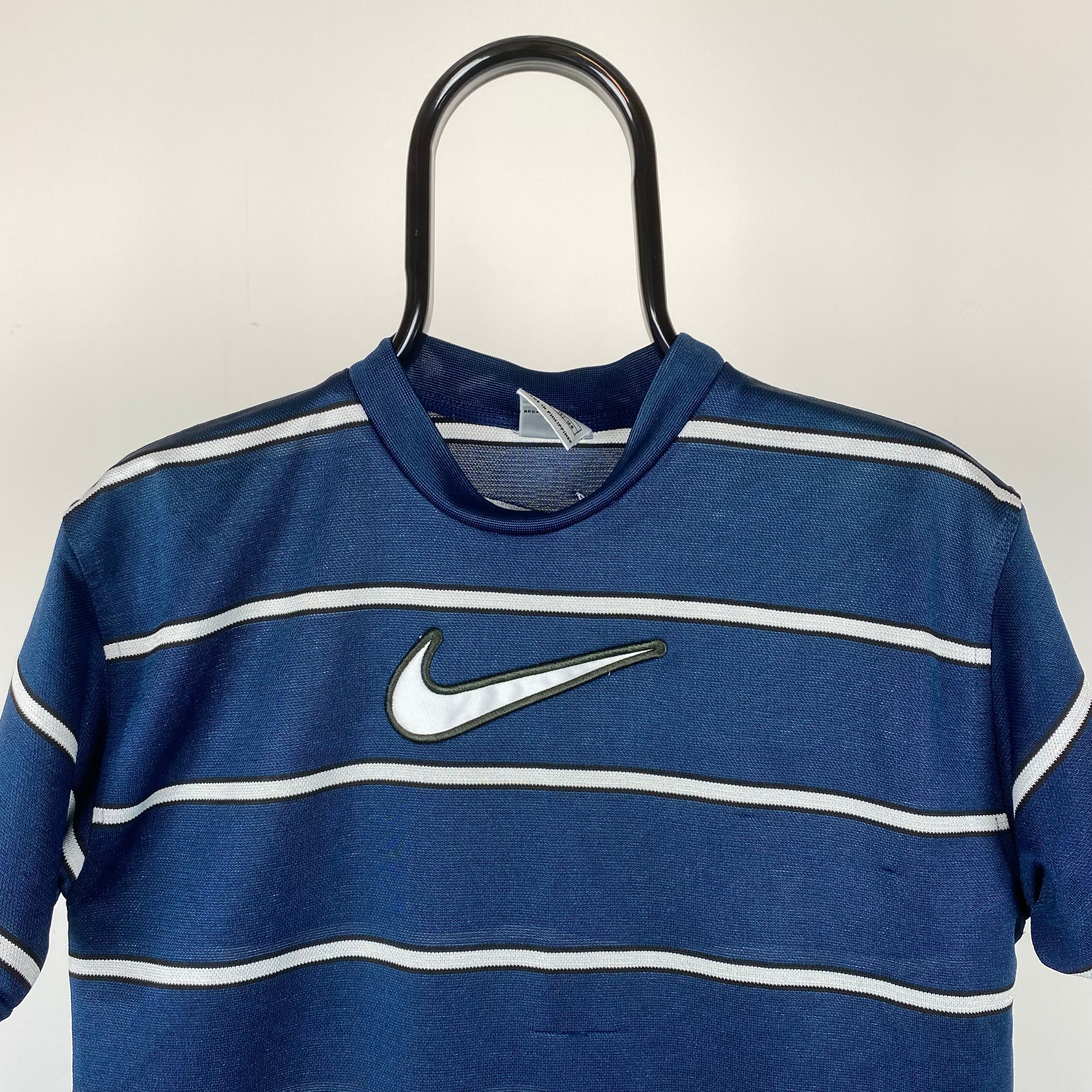 verbannen jury Continu Vintage Nike Striped Swoosh T-Shirt Blue XS – Clout Closet