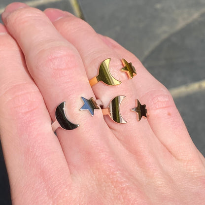 Adjustable Star & Moon Ring Rose Gold