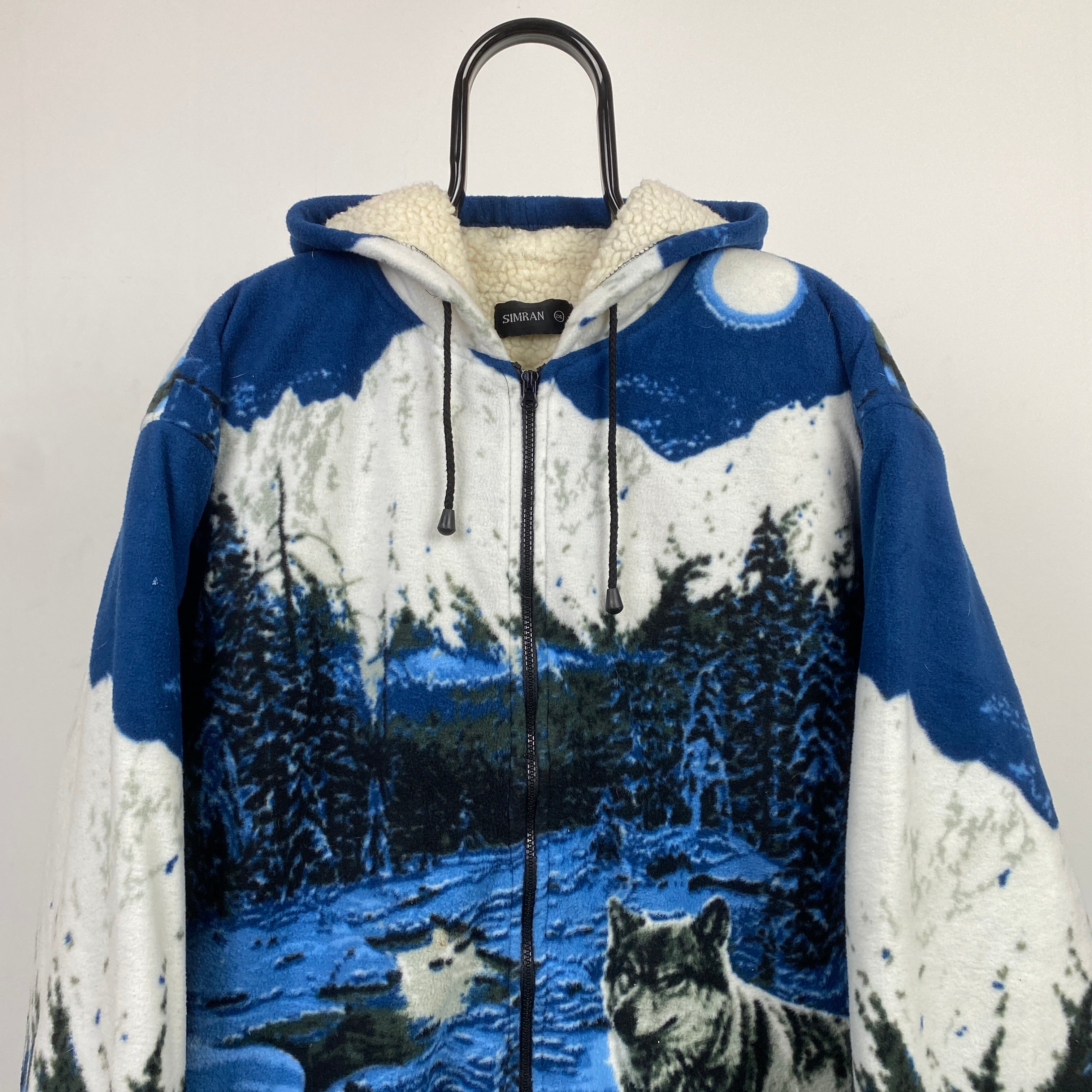 Retro Wolf Fleece Hoodie Sweatshirt Blue XXL