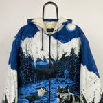 Retro Wolf Fleece Hoodie Sweatshirt Blue XXL
