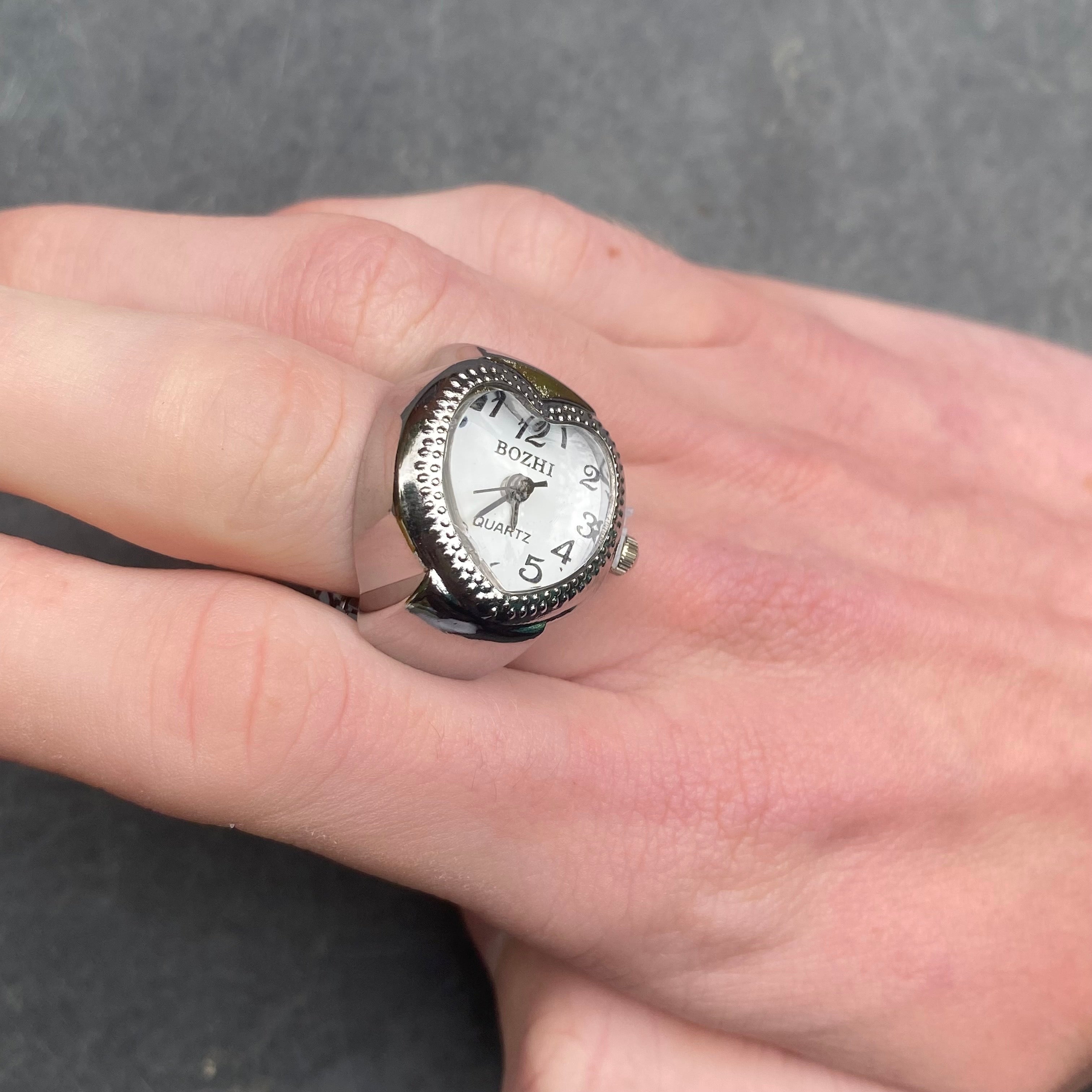 Retro Adjustable Heart Watch Ring Silver