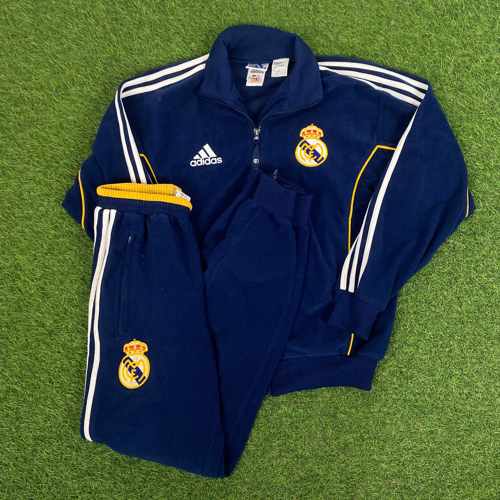 90s Adidas Real Madrid Velour Tracksuit Jacket + Joggers Blue XS