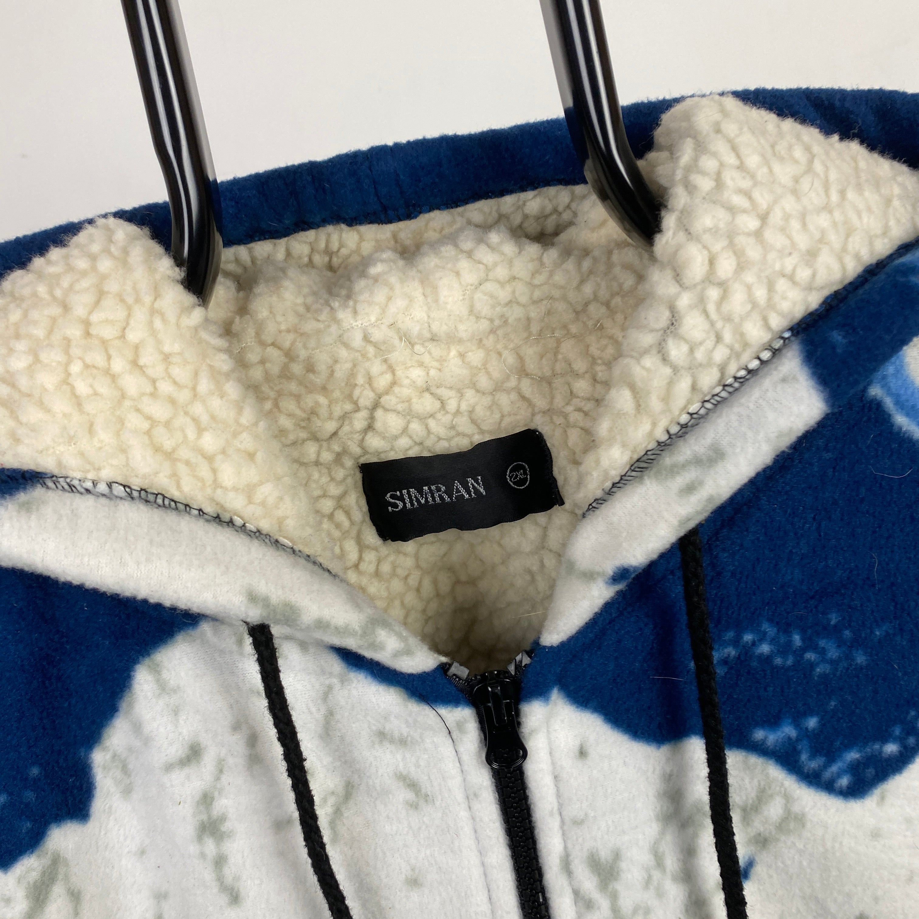 Retro Wolf Fleece Hoodie Sweatshirt Blue XXL