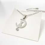 Cat & Moon Charm Necklace Chain Silver