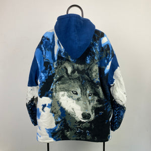 Retro Wolf Fleece Hoodie Sweatshirt Blue XXL