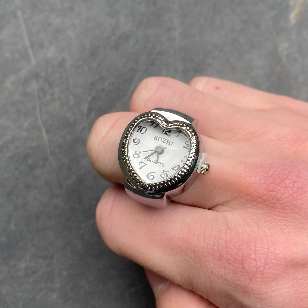 Retro Adjustable Heart Watch Ring Silver