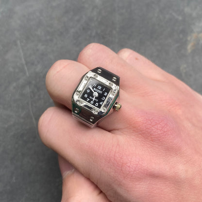 Retro Adjustable Watch Ring Silver Black