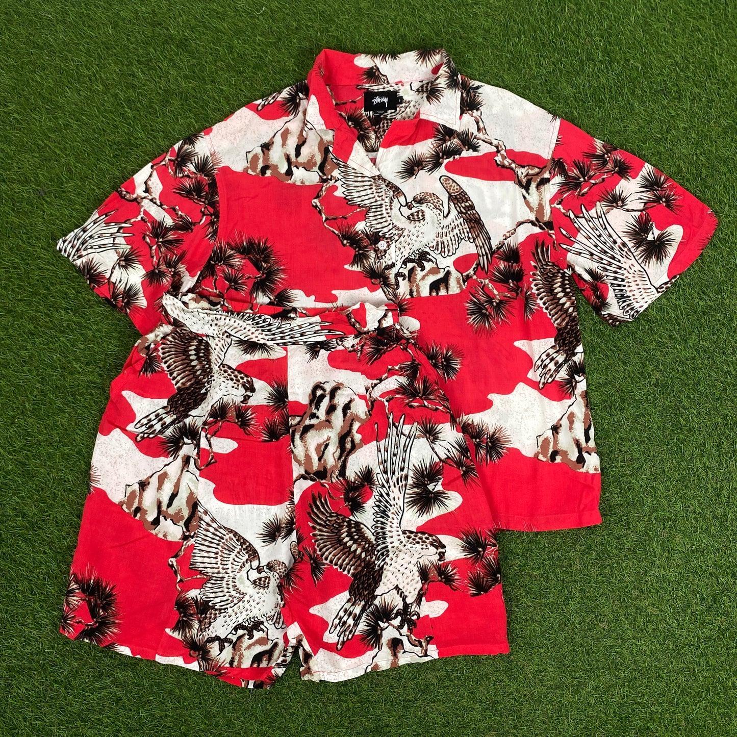 Retro Stussy Button Up T-Shirt & Shorts Set Red Small