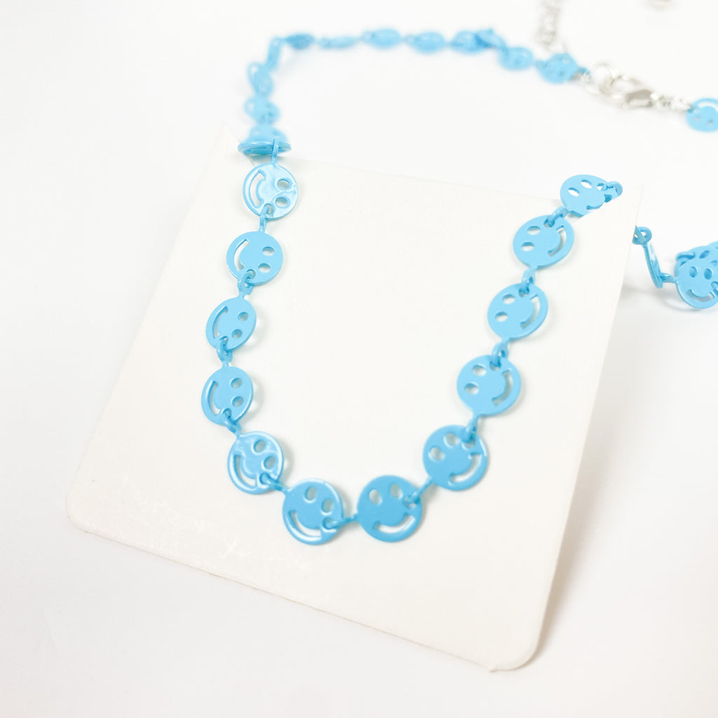 Vintage Retro Smiley Necklace Chain Blue