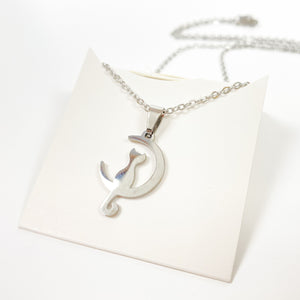 Cat & Moon Charm Necklace Chain Silver