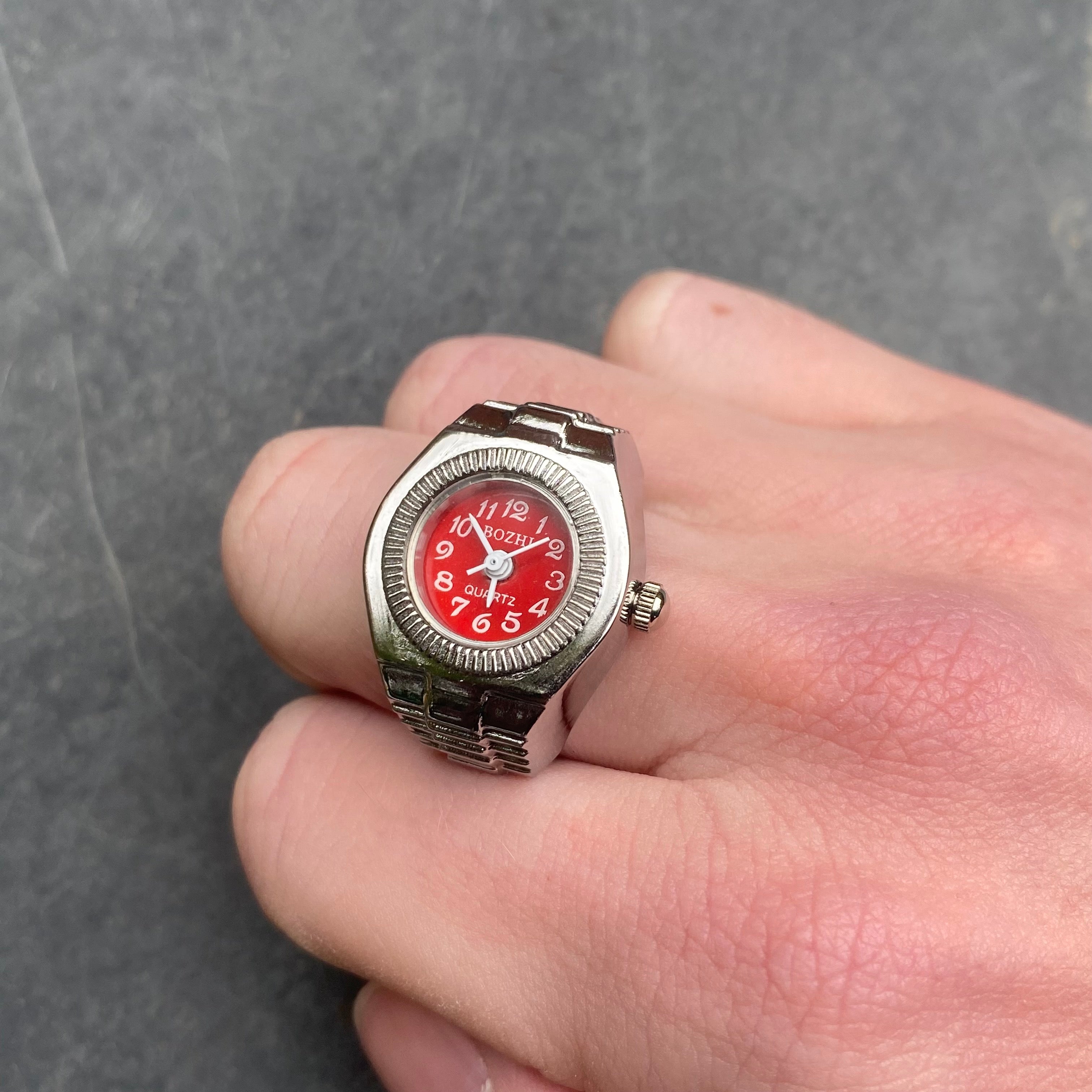 Retro Adjustable Watch Ring Silver Red