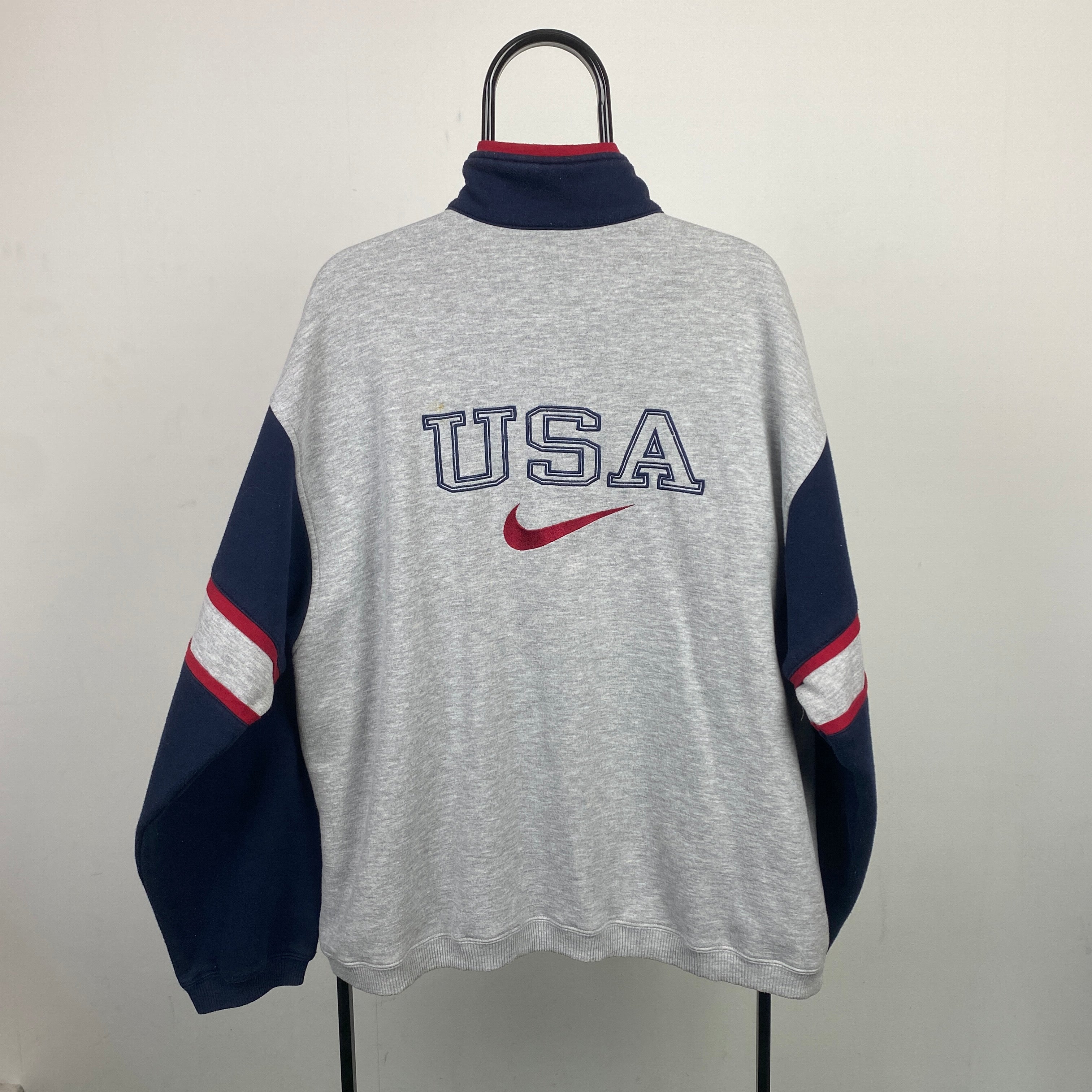 90s Nike USA 1/4 Zip Sweatshirt Grey Large