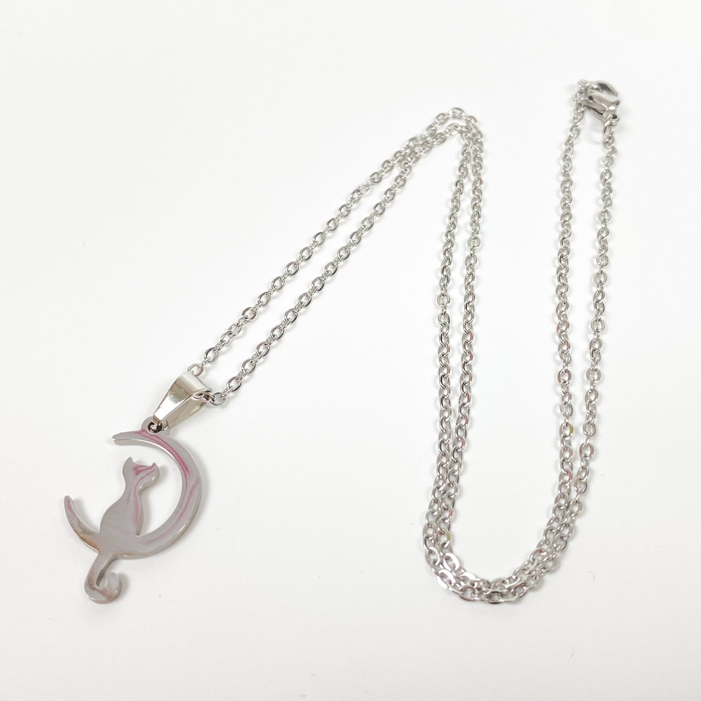 Cat & Moon Charm Necklace Chain Silver