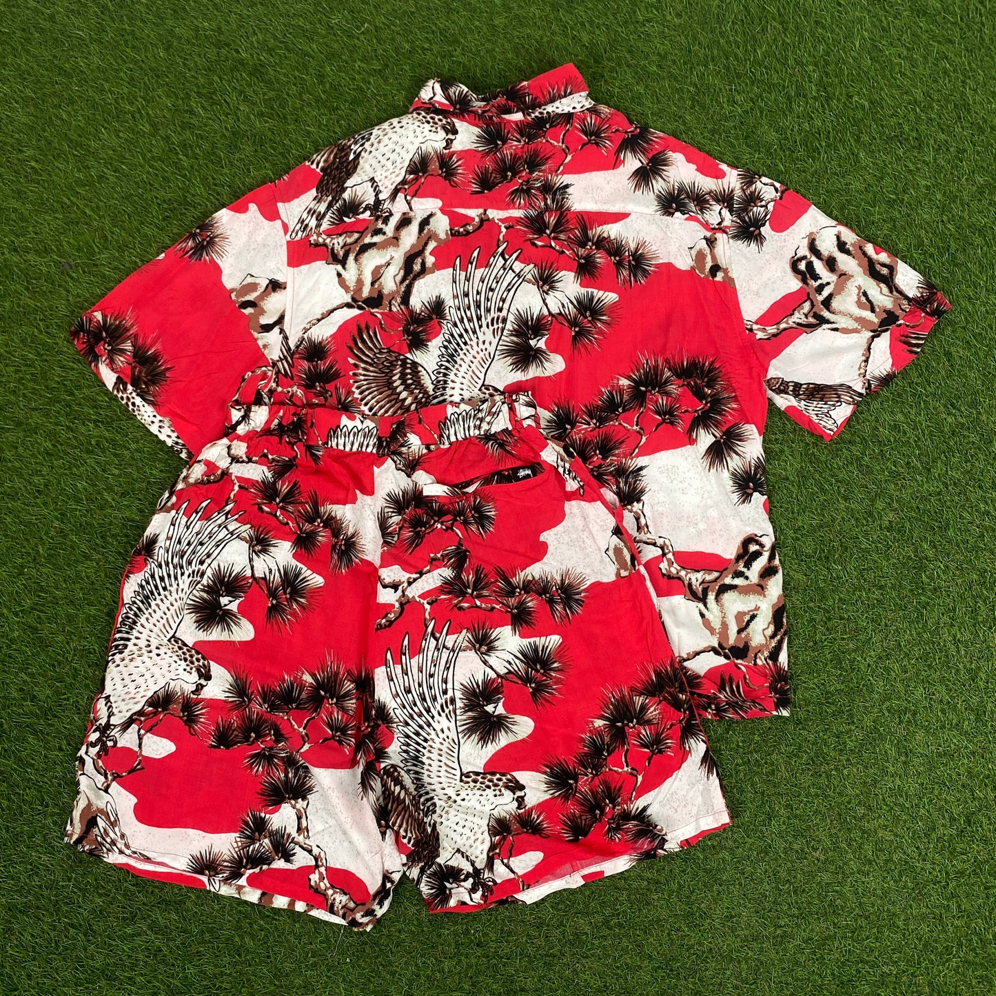 Retro Stussy Button Up T-Shirt & Shorts Set Red Small