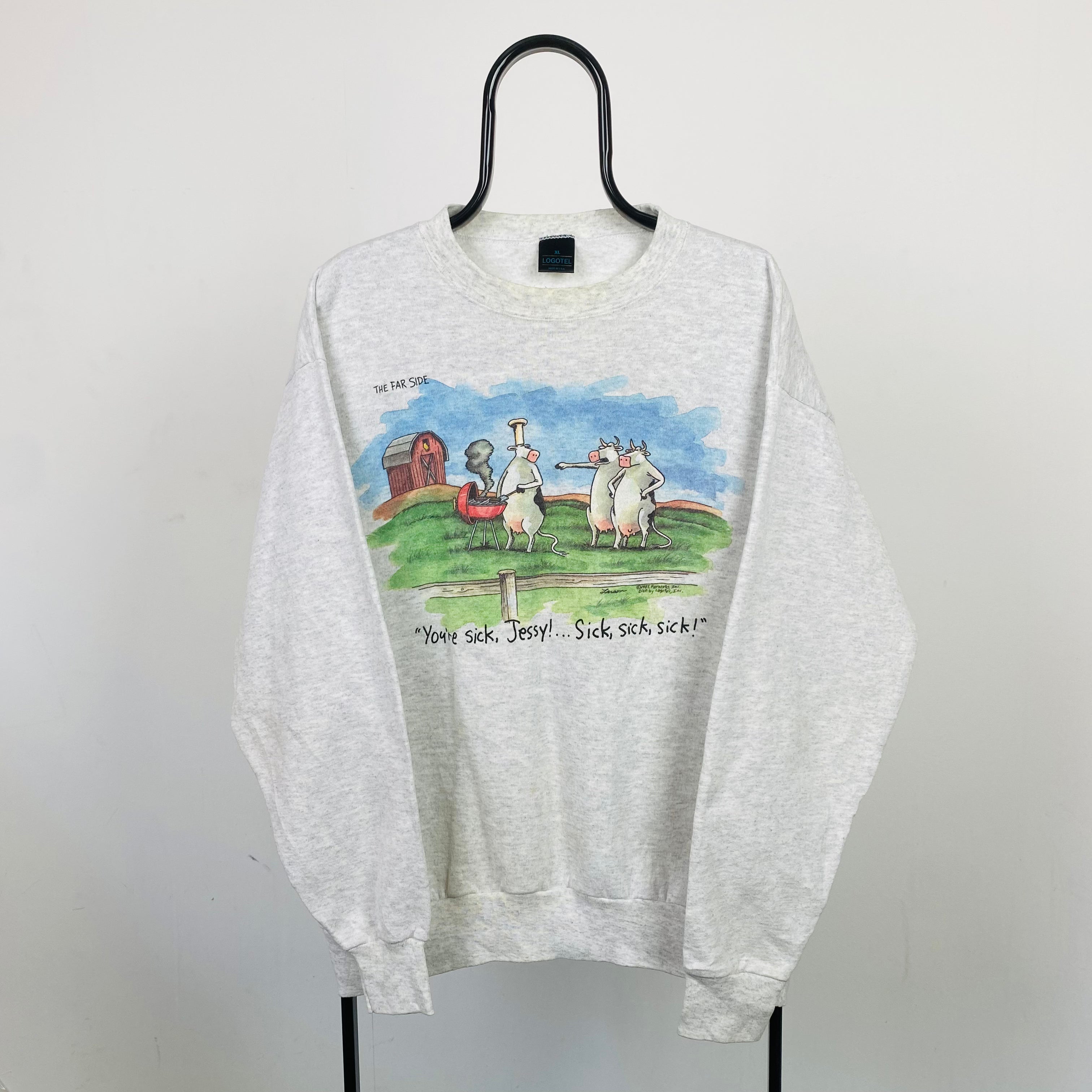 90s Retro The Far Side Cow Sweatshirt Grey XL