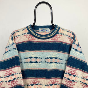 Retro Textured Knit Sweatshirt Blue Large